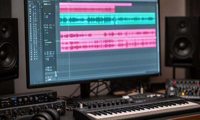 大型ディスプレイに録音セッションを表示した音楽制作コンピューター